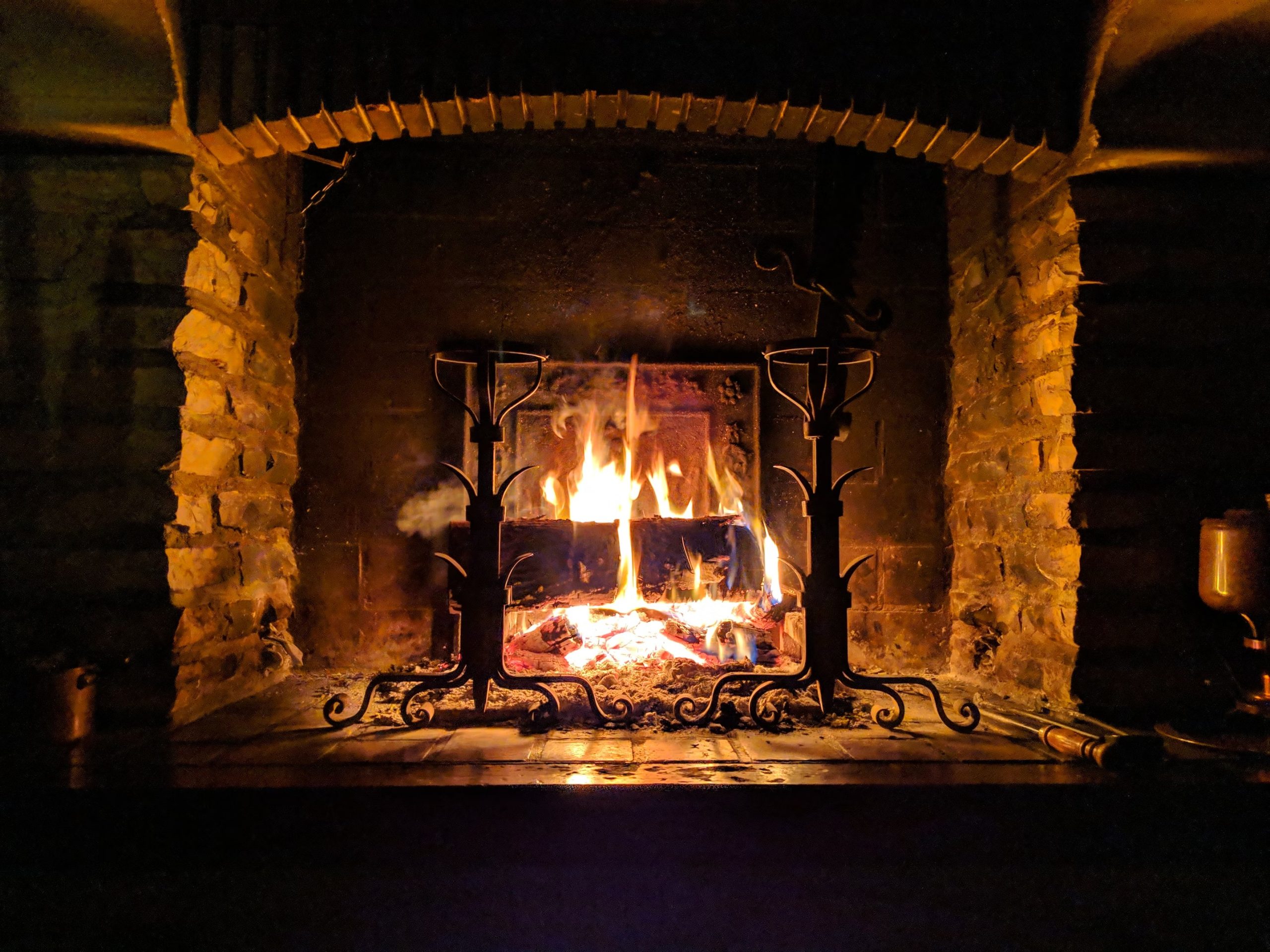 A lit fireplace
